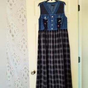 Carole Little Sport Denim Vested Floral Plaid Maxi Dress Vtg 90s Navy Blue Sz 6